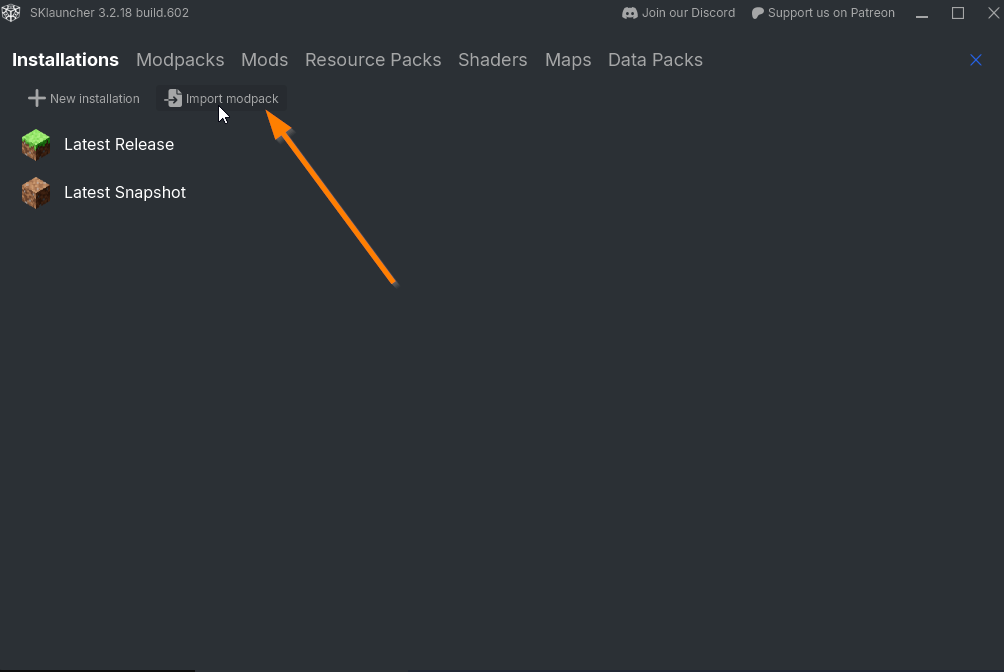 import-modpack-button-installations-manager-sklauncher